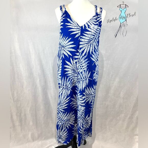 Blue and white linen blend tropical print double strap midi dress size medium - Picture 1 of 5